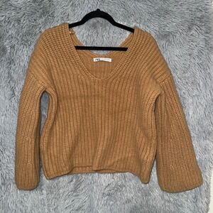 ZARA Cozy Ribbed V-Neck Bell Sleeve Sweater Warm Camel Brown Knit Top